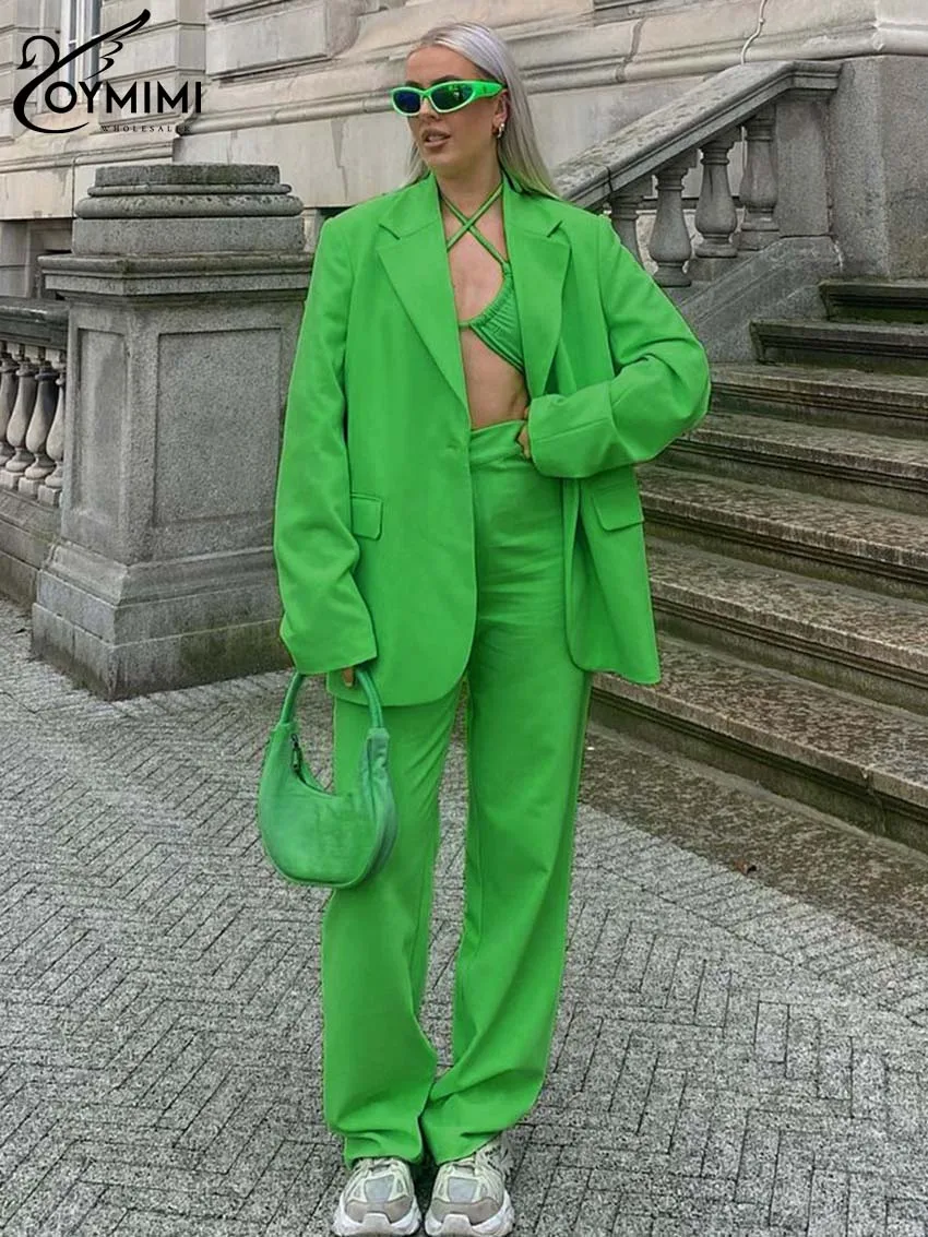

Oymimi Elegant Green Womens 2 Piece Outfit Set Fashion Long Sleeve Pockets Single Button Shirts Casual Simple Straight Pants Set
