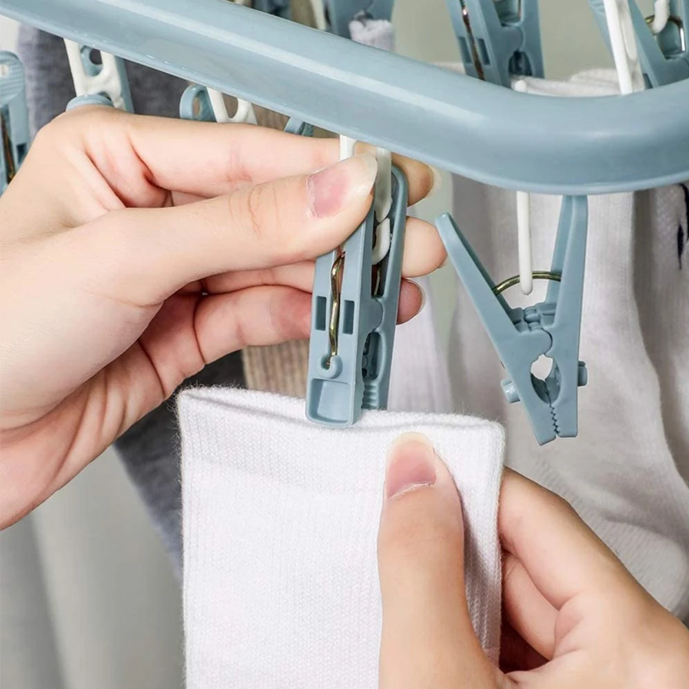 Clothes Drying Hanger With 32 Clips,Sock Hanger For Washing Line Underwear Dryer Hanger Multifunction Laundry Hanger Foldable Drying Rack For Socks Underwear Baby Clothes Gloves