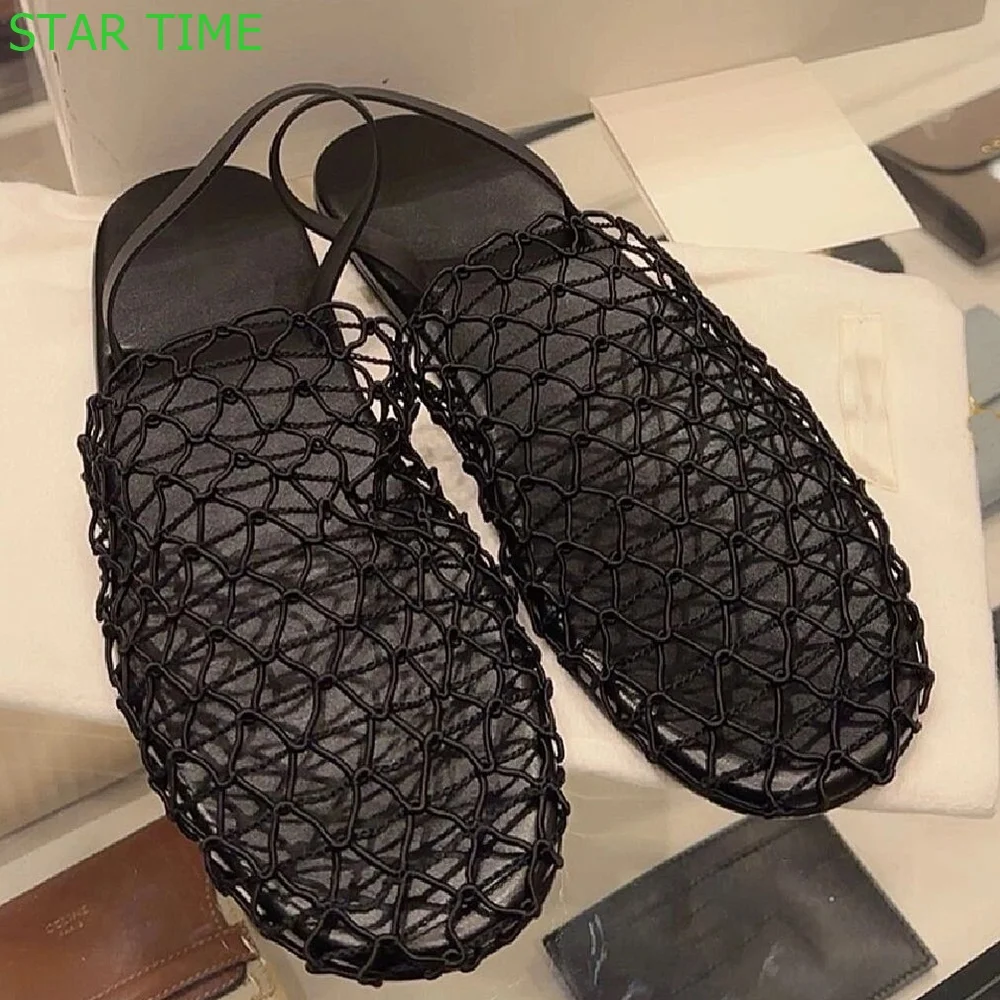 Closed Toe Mesh Roman Flat Sandals Hollow Back Strap Outdoor Beach Slides 2024 Summer New Black Casual Women Slippers