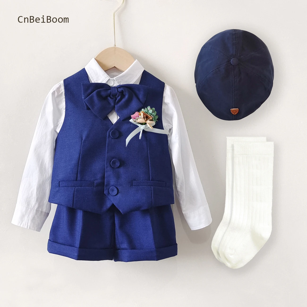

Boys Girl Clothing Set Cotton Kids Suits 2023 Navy blue Vest Suspenders Short With Hat 5pcs Outfit Formal Wedding Birthday Dress