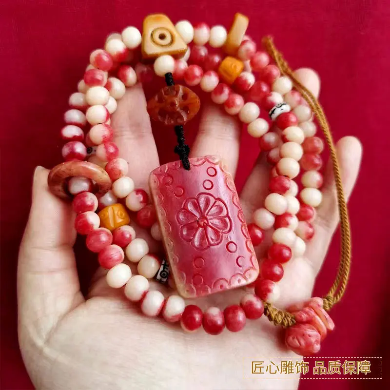 

Ox Bone Seiko Blood Material 8*6mm108 Buddha Beads Three-Way Hug Frog Beiyun Hand Carved Brand Six-Hole Clip Running Bracelet