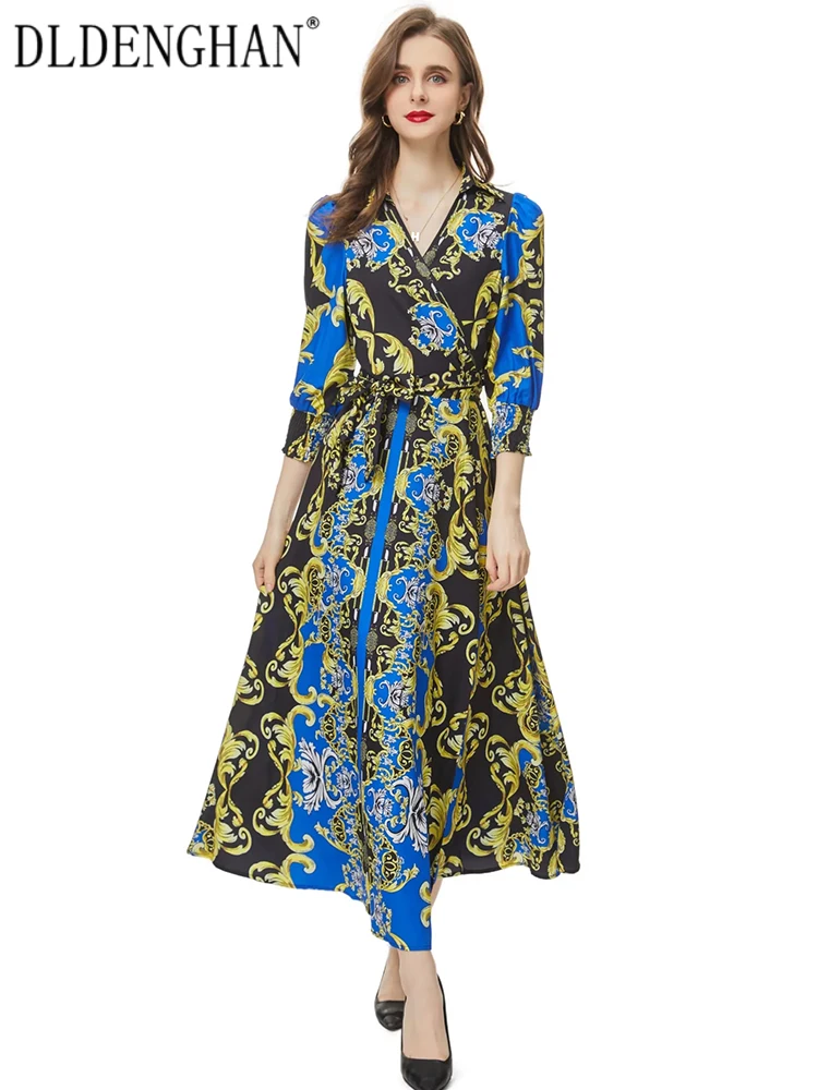 

DLDENGHAN Spring Summer Long Dress Women V-Neck Lantern Sleeve Lace-up Indie Folk Pattern Print Dresses Fashion Designer New