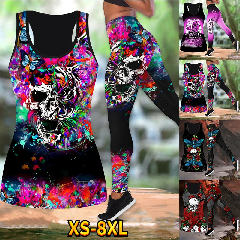 Donne Di Modo Felice Halloween Cranio Canotta + Leggings Yoga Vestito Atletico Set Canotta Legging Vestito Vestito Xs-8Xl