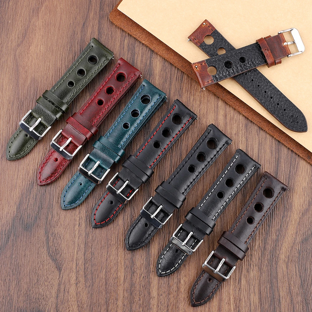 

Handmade Watch Band Breathable Oil Wax Crazy Horse Leather 18 19 20 21 22 Genuine Leather Quick Release Strap Bracelet Wristband