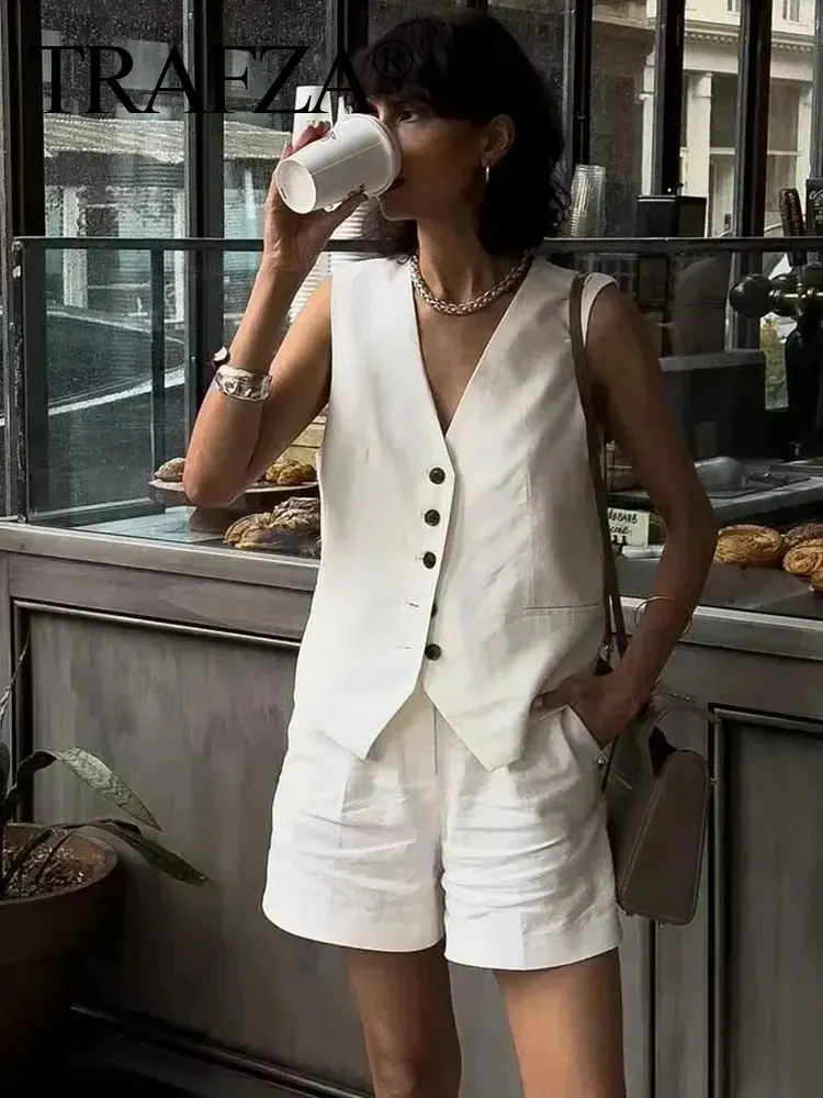 TRAFZA Vintage 2024 Summer Woman Solid Set V Neck Sleeveless Buttons Vest Top + Pockets Commute Wild Elegant Female Short Pant