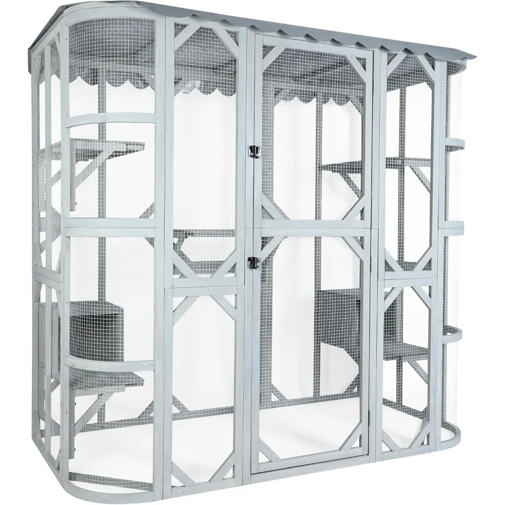 Outdoor Cat House with Weatherproof Roof，Large Catio Cat Enclosure for Multiple Cats Life Walks in Cage & Run