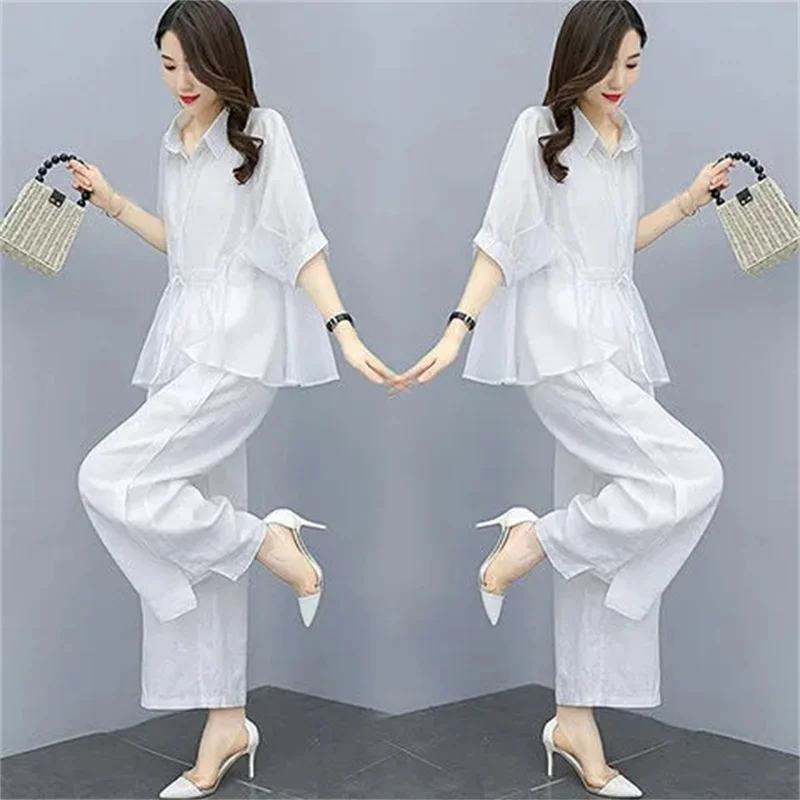 Fashion Cotton and Hemp Suit Female 2023 Spring and Summer New Temperament Foreign Air Age-Reducing Wide-Leg Pants Two-piece Set