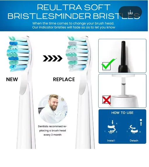 윤치 Y5 및 C2 전동 칫솔 헤드용 교체 브러시 헤드 8개, 검정색 및 흰색, 윤치 C2 및 Y5 전용