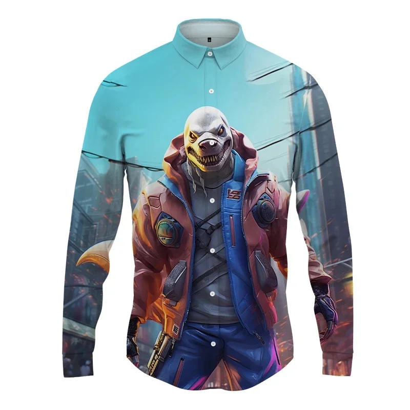 thumbnail image 1 of Camisas de manga larga con estampado 3D de antropomorfismo animal para hombre y mujer, camisas casuales de moda con solapas abotonadas, ropa unisex de gran tamaño, 1 of 5