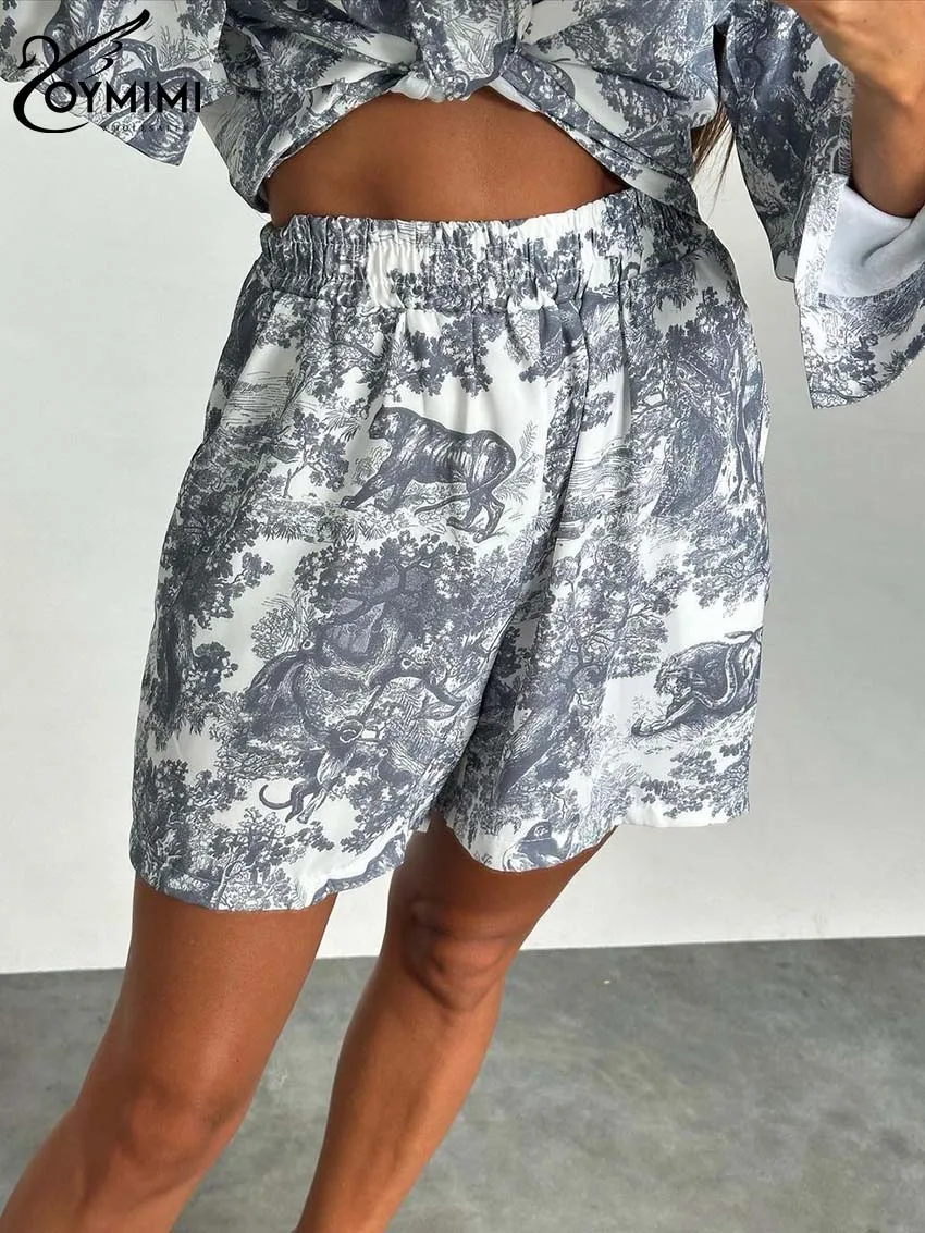 Oymimi Casual Grey Print Women 2 Piece Set Outfit Fashion Long Sleeve Button Shirts And High Waist Shorts Sets Female Streetwear