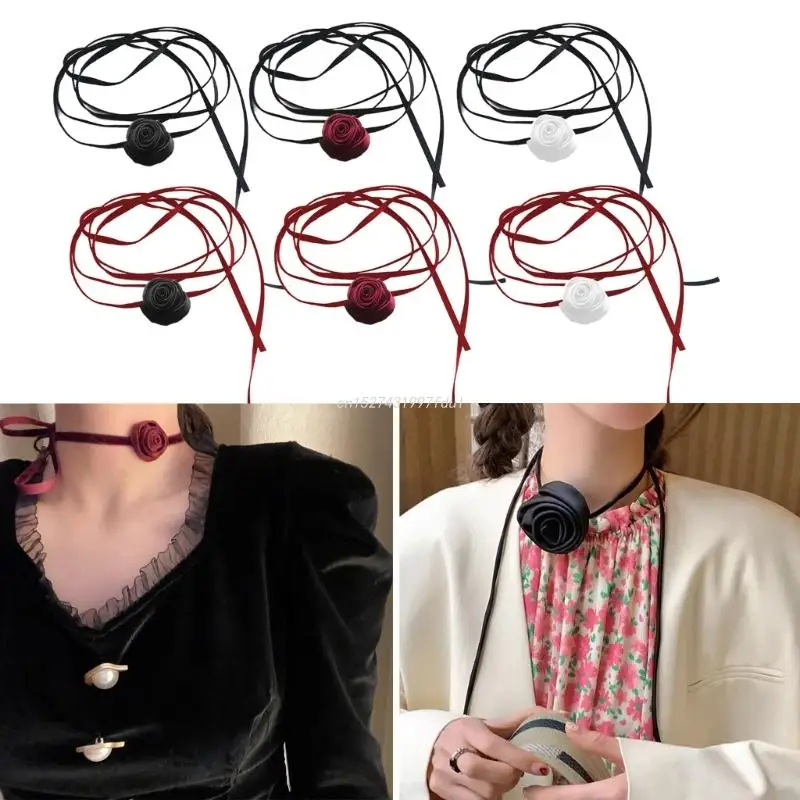 Sexy Simple Rose Flower Long Velvet Ribbon Choker Necklaces Collar