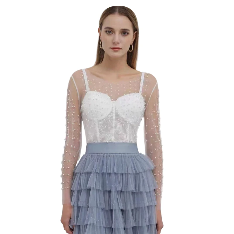 Glamouröses, durchsichtiges Mesh-Langarm-Top mit Perlen, Strasssteinen, Neckholder, sexy Clubwear für Damen, Sommer-T-Shirt, Bluse 2026, Direktversand – Detail 7