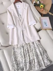 Work Dress New Solid Color Long Sleeve Suit Printing Lace-up Halter Skirt Office Wear Women Fashion Gentle Elegant Dress Suits