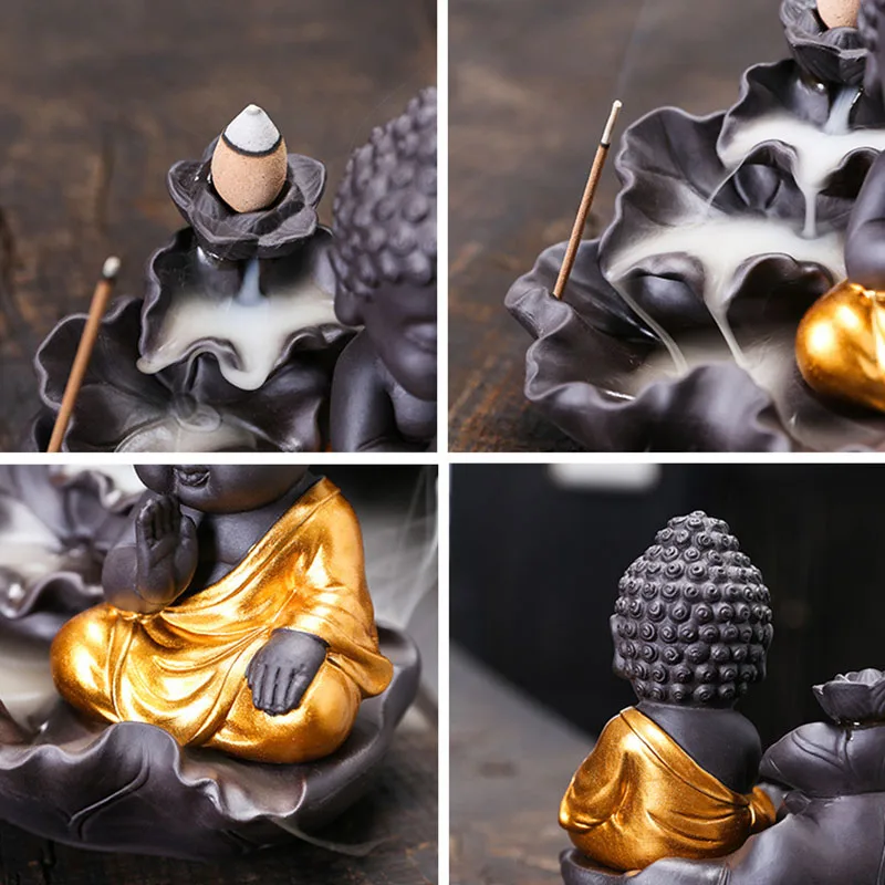 Ceramic Little Monk Smoke Backflow Burner Incense Stick Holder Maitreya Buddha Statue Porcelain Waterfall Censer Home Decor