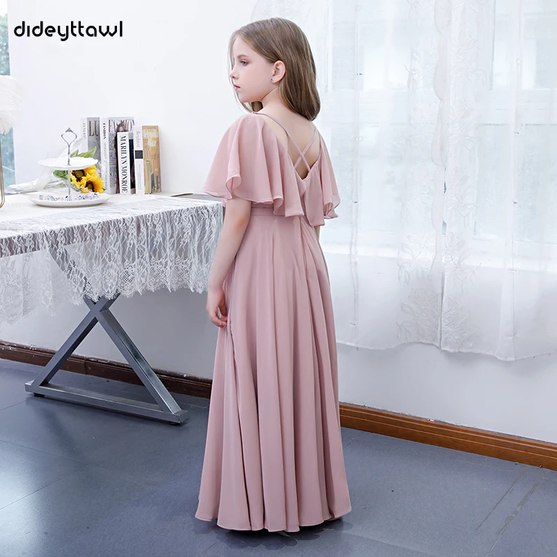 Dideyttawl Staubige Rosa Lange Chiffon Junior Brautjungfer Kleid Plissee Blume Mädchen Kleider Kid Formales Geburtstag Party Kleider