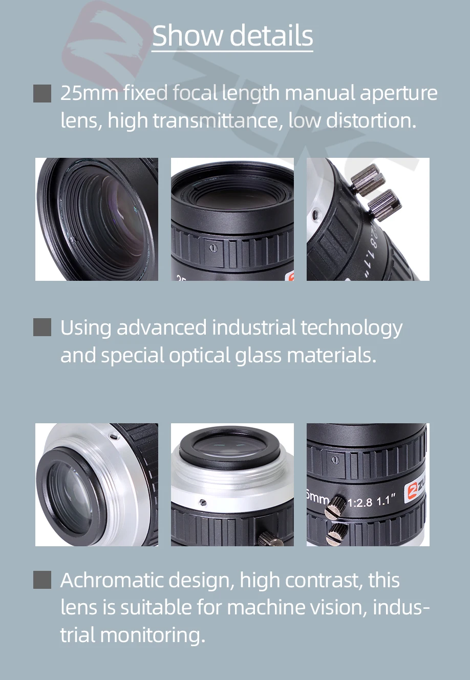 ZLKC 1,1 Zoll hoch auflösendes 25mm c Mount Objektiv 20mp fester Fokus f2.5 manuelle Iris Makro fa Bild verarbeitung Kameras mit geringer Verzerrung – Detail 8