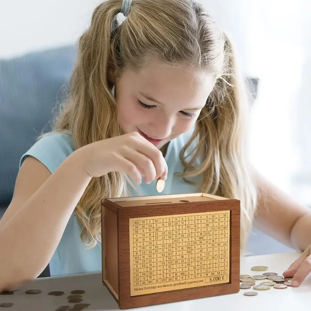 Houten spaarpot met spaardoel en genummerde vakjes_voghion.com
