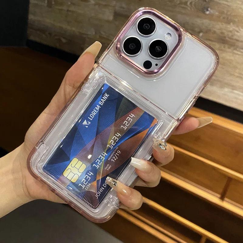 Transparent Flip Card Wallet Holder Case - Shockproof Acrylic Hard Back Cover with Stand