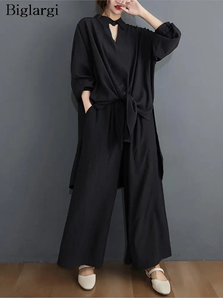 

Oversized Autumn 2 Two Piece Set Women Long Sleeve Loose Modis Pleated Irregular Ladies Blouses Casual Wide Leg Woman Pants 2023