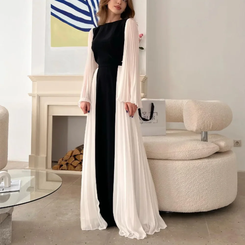 

Elegant Long O Neck Spandex Evening Dresses Full Sleeves A Line Pleated Floor Length Vestidos Para Eventos Especiales