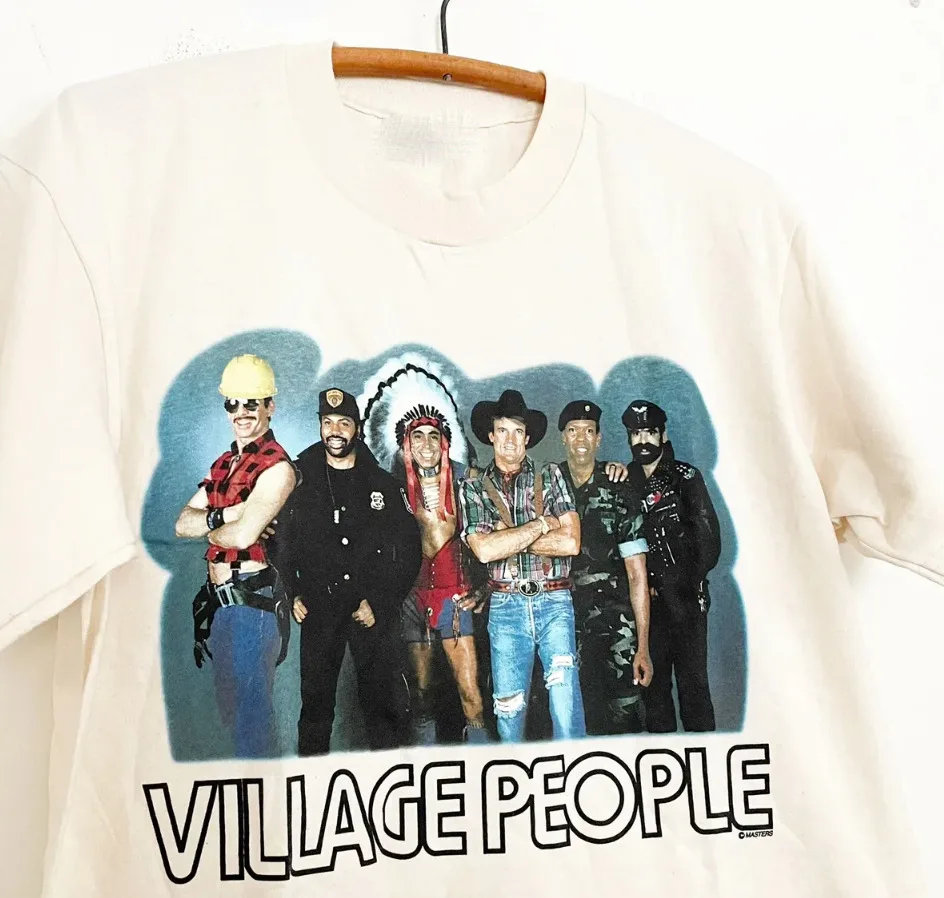 Vtg Village People Band Tour Maglietta Bianca In Cotone A1212 Maniche Lunghe O Corte