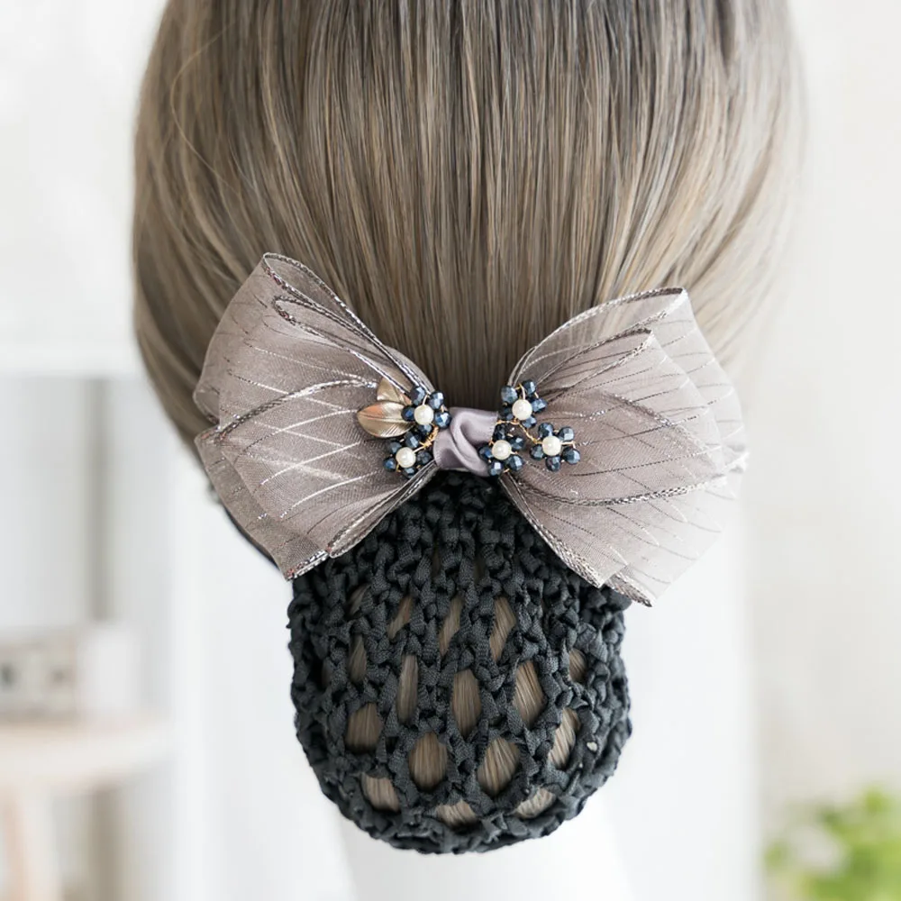New Fashion Hair Net For Bun Barrette Hairgrips Office Dance Ribbon Bow Hair Clip Cover Headwear Hairnet For Women