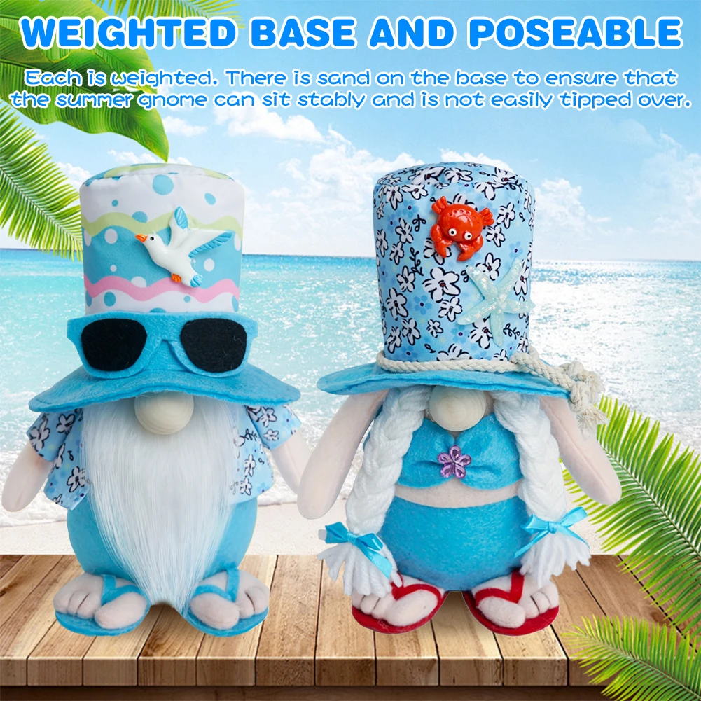 2Pcs Beach Gnomes Plush Beach Gnomes Couple Decor with Weighted Base Tiered Tray Decor Shelf Sitters for Mantle Kitchen Table