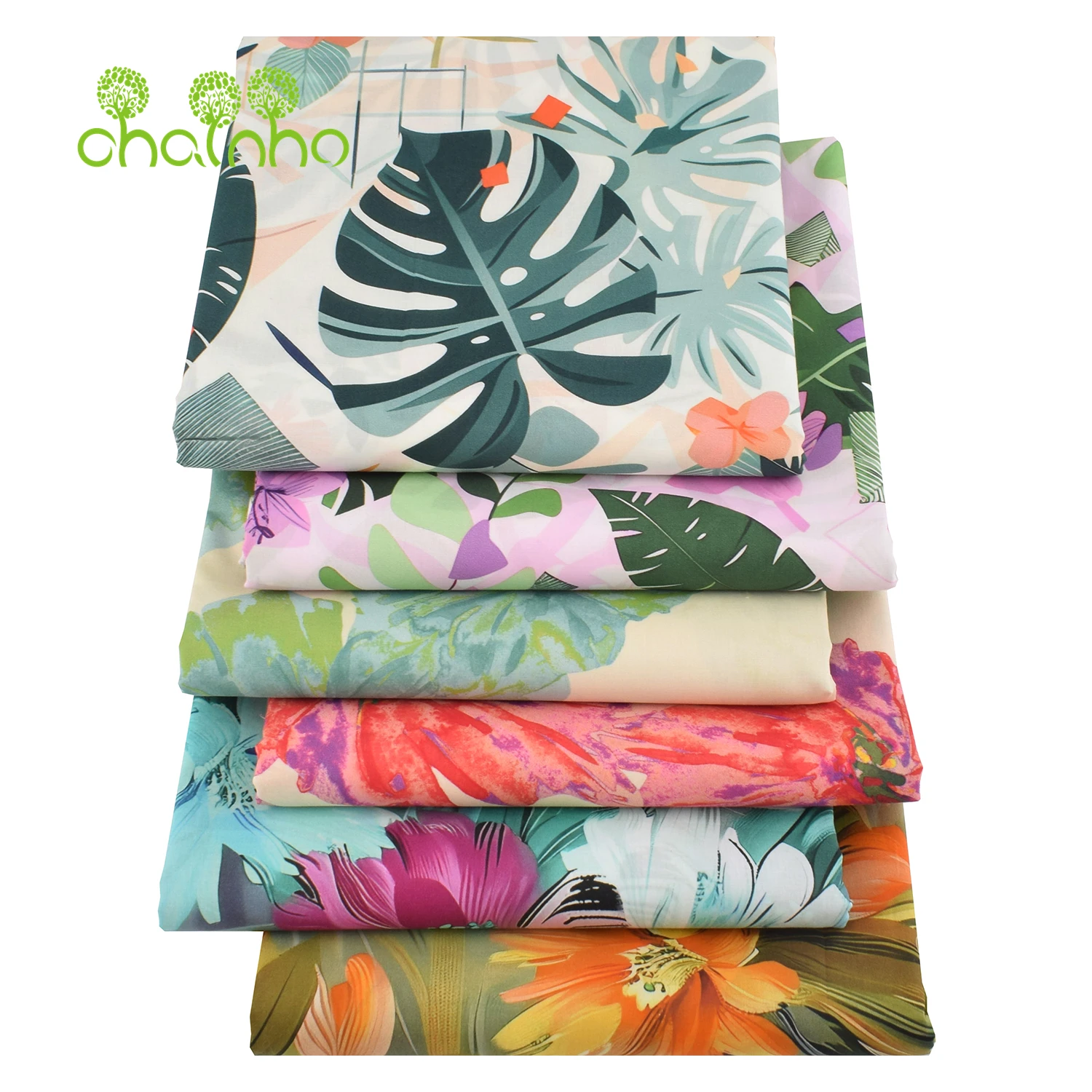 Chainho,Printed Plain Weave Poplin Cotton Fabric,DIY Quilting Sewing Material,Patchwork Cloth,Floral Series,2 Sizes,15PC226