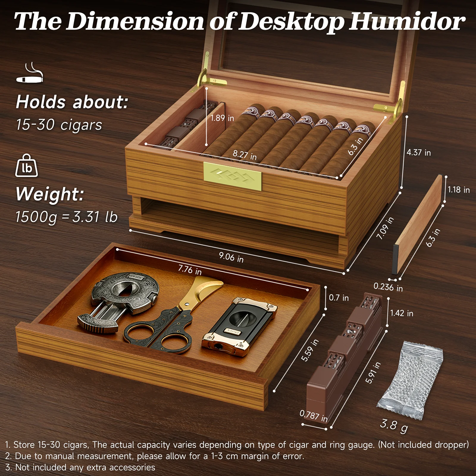 Cigar Box Humidor with Hygrometer and Humidifier, Cedar Wooden Case with Drawer, Divider, Length Gauge, Desktop Humidor Box Gift 2