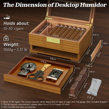 Cigar Box Humidor with Hygrometer and Humidifier, Cedar Wooden Case with Drawer, Divider, Length Gauge, Desktop Humidor Box Gift 2