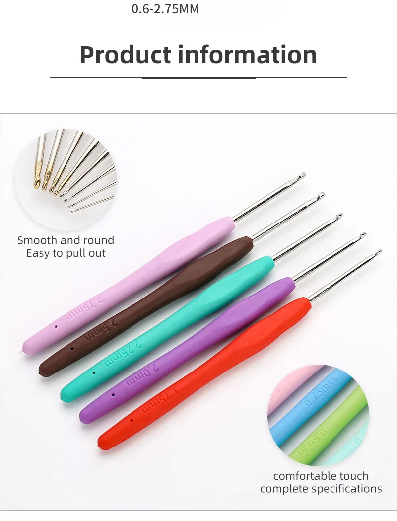 Description Picture 4 of itemColorful TPR Crochet Hooks Kits Soft Handle Aluminum Crochet Needle Lace Yarn Weave Fine Head Knitting Needles Set Weaving Tools