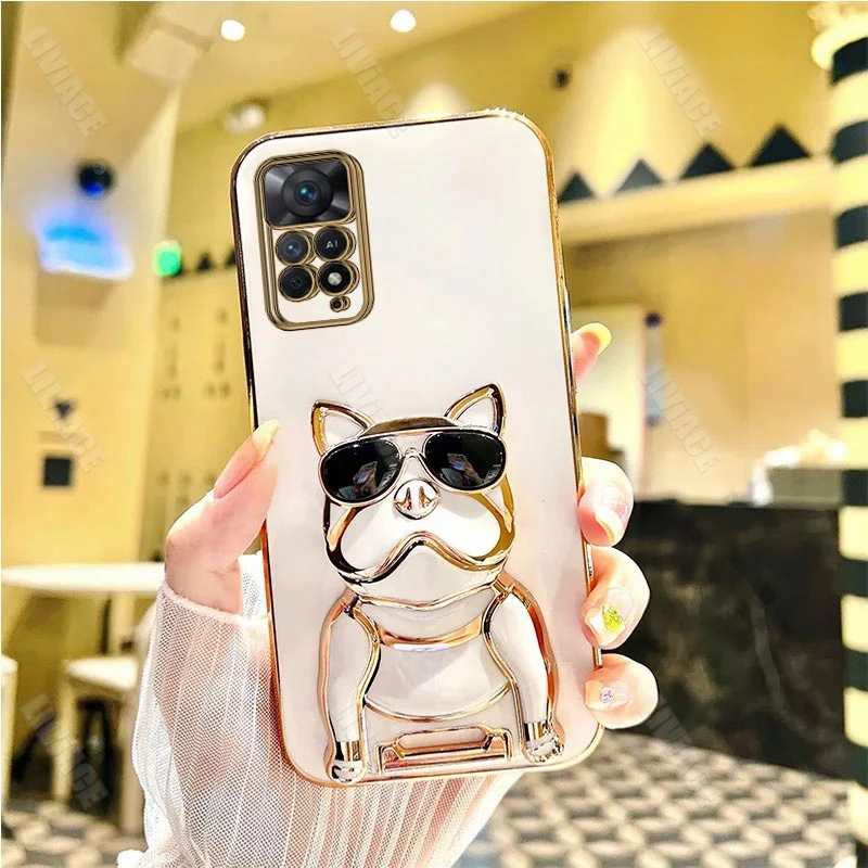 Étui de support de placage de bouledogue pour lunettes de soleil, pour Xiaomi Redmi Note 11 8 9 Pro Max 10 12 10s 11s 9A 9T 9C Nfc 4G 5G_voghion.com