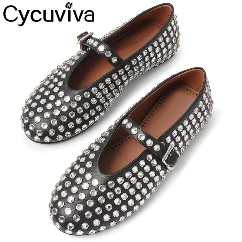 

New Rhinestone Studded Ballet Flats Shoes Women Black Leather Ladies Crystal Shoes Summer Net Party Prom Walking Shoes For Women