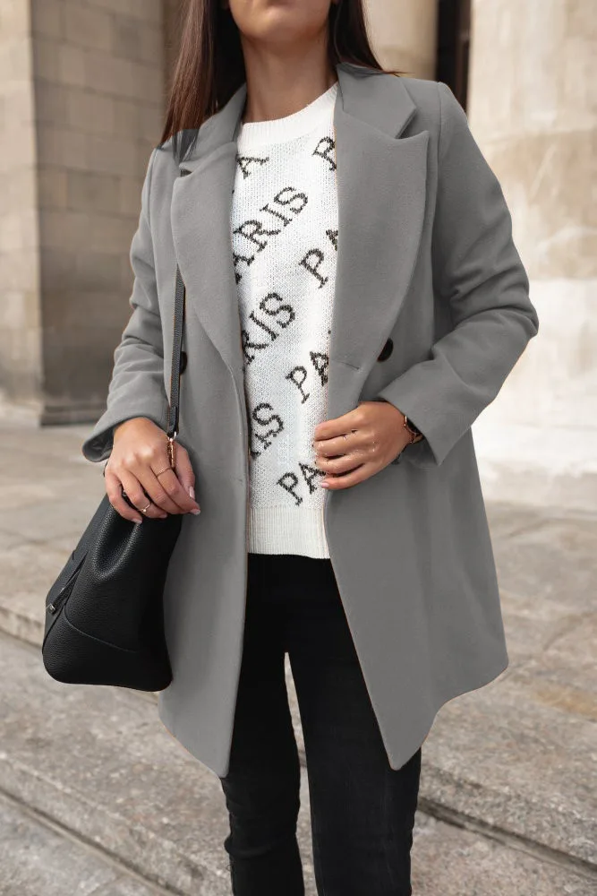 Herbst und Winter einfarbige langärmelige zweireihige Wolljacke mit Anzugkragen für Damen – Detail 12