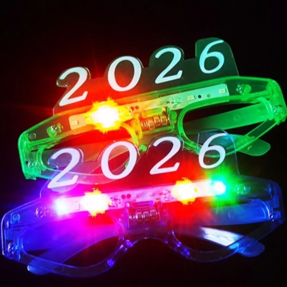 LED Glow 2026New Year Glow Glasses Square/Love Heart Shape Photographic Ornaments 2026 LED Glow Glasses Light Up Number Letter