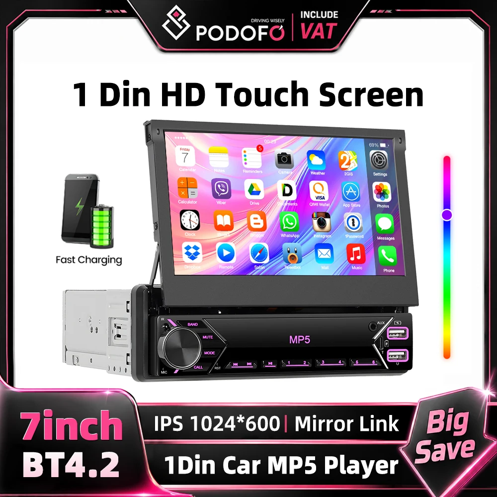 Podofo Radio para coche con pantalla retráctil manual HD de 1 DIN y 7 pulgadas, reproductor MP5, receptor de radio FM integrado, autoradio multimedia multifuncional para sistema de entretenimiento en el coche 1