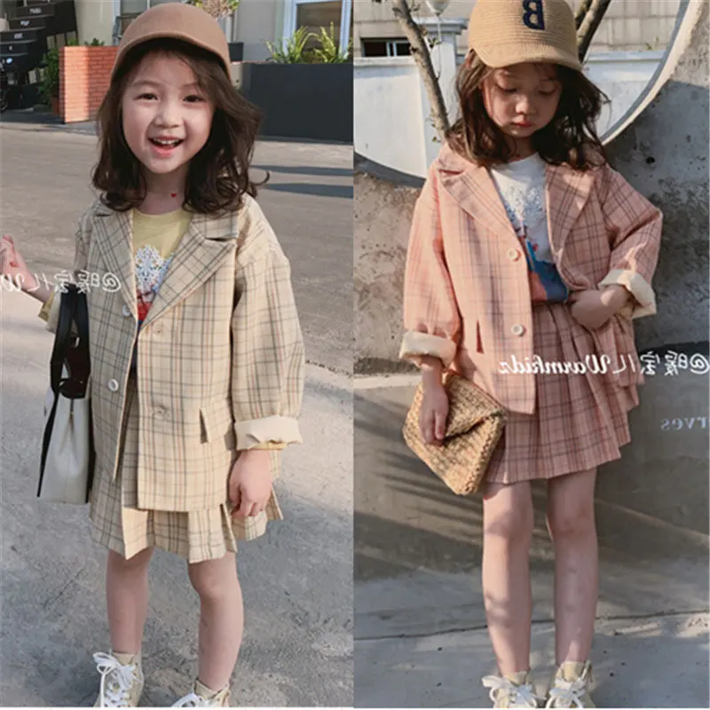 

Fashion Kids Suits Girls Princess Outwear+Skirt 2pcs Clothes Set Spring Autumn Children Plaid Blazer Coat Vintage Outfits Suit