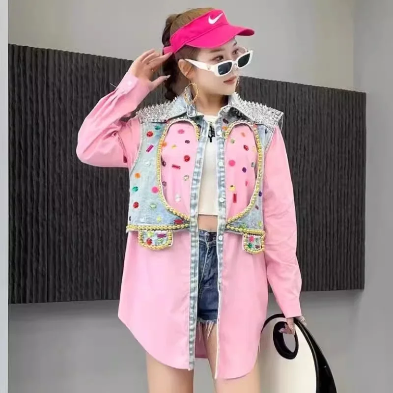 

Heavy Work Rivet Diamond Denim Patchwork Fake Two Pieces Shirt Jacket Pink White Black Lapel Long Sleeve Female Cowboy Outerwear