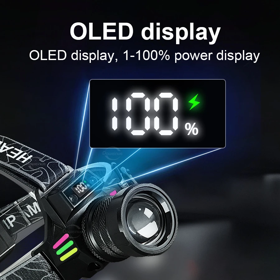 800000000LM 강력한 LED 헤드라이트 화이트+옐로우 라이트 센서 헤드램프 충전식 램프 전력 표시 낚시용 헤드 토치