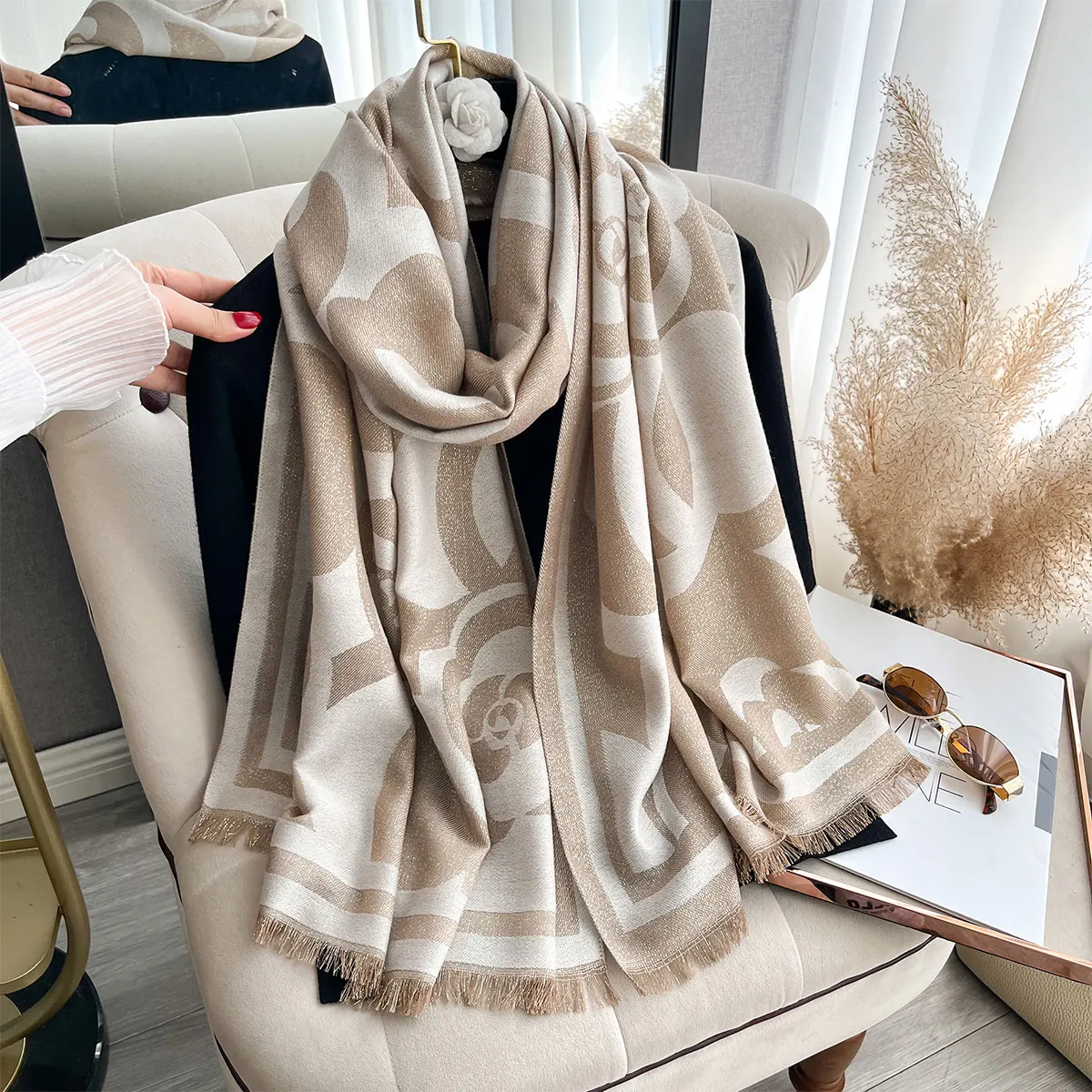 New Ladies Muslim Hijab Golden Thread long Scarf Spring and Autumn Sun Protection Scarf Camellia Shawl Foulard Wrap Headscarf