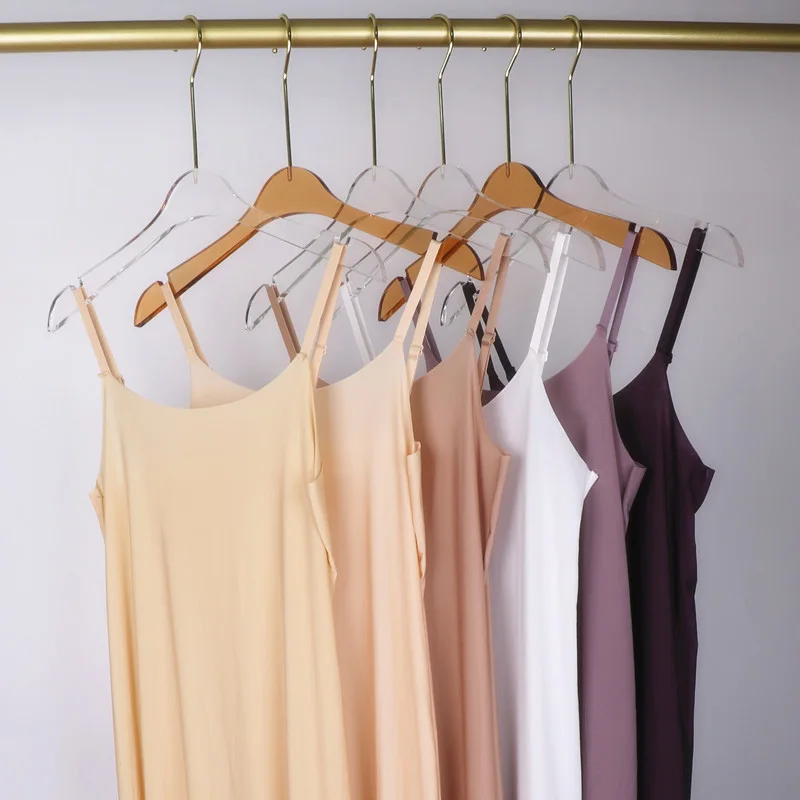 Women Seamless Ice Silk Full Slips Dresses Summer Plus Size Sleeveless Petticoat Underskirt Adjustable Sling Underwear Dress