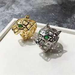 New Punk Style Tiger Head with Green Eyes Hollow Design Zircon Ring 925 Silver Wedding Party Jewelry Accessories for Women