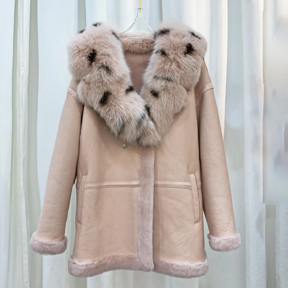 2022 Lady Leather Jacket Shearing Coats Lamb Fur Lining Big Real Fox Fur Collar Winter Warm Double Face Sheepskin Overcoats 3624