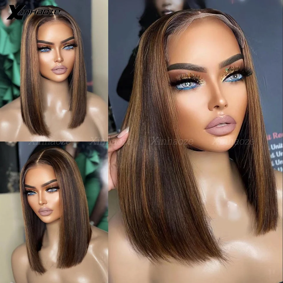 

Highlight Brown Short BOB 13x4 Silk Top Human Hair Wigs Brazilian 4/6 Colored Straight Transparent Lace Frontal Wigs For Women