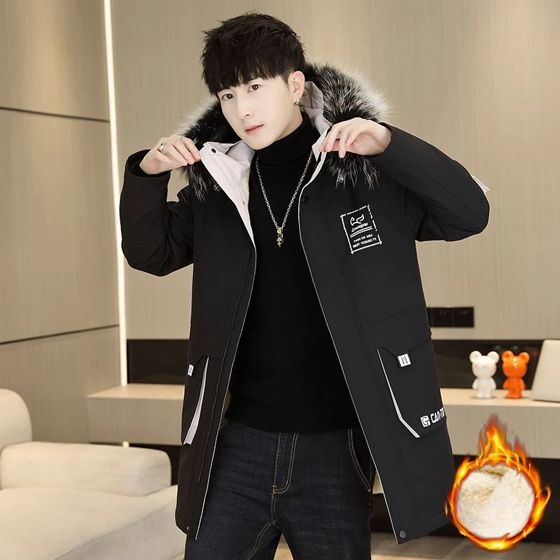 Winter Fashion Male Fleece-lined Thickened Cotton-Padded Coat Men Mid-Length Loose Hooded Warm Outwear Casual Large Size Parkas