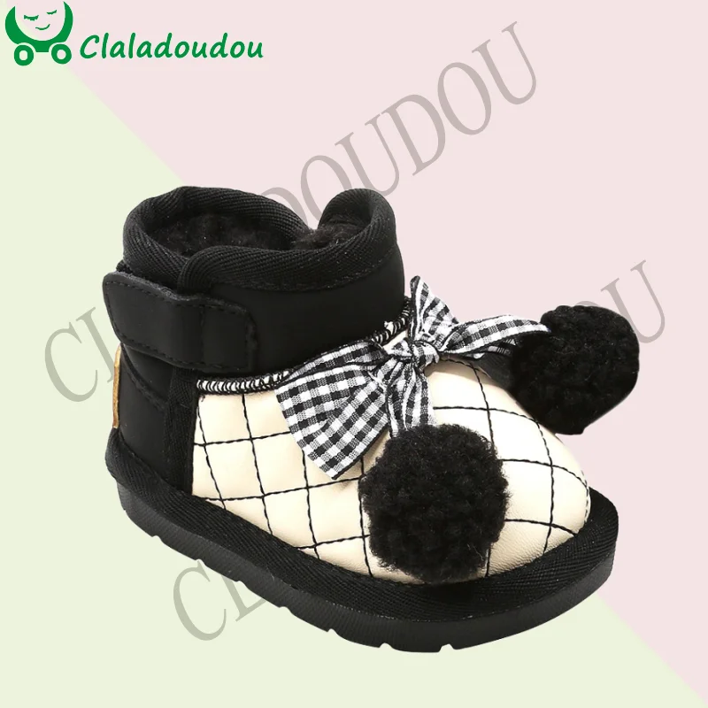

12-16cm Cute Snow Boots For Kids Woman Sewing Winter Ankle Boots With Thick Plush For Tooddler Girls Baby Walkers With Pompom