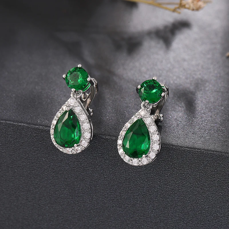 Geometric Drop Colorful Zircon Clip on Earring for Women Without Piercing Ear Clip for Women Luxury Wedding Jewelry