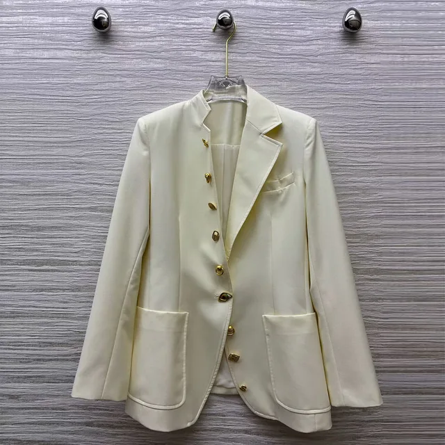 2025 New Vintage Fashion Gold Buttons Decoration Blazer Suit Women V-neck Long Sleeve Elegant Lady Designer Chic Jacket 2