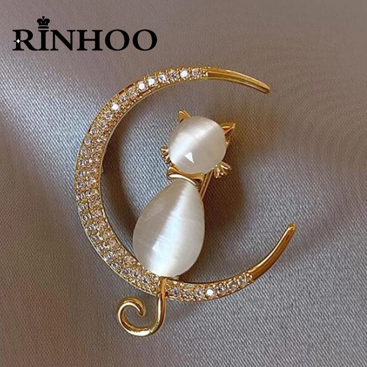 Rinhoo Nette Elegante Katze Sitzen Auf Die Mond Broschen Für Frauen Cartoon Opal Stein Zirkon Kätzchen Tier Casual Party Corsage geschenk