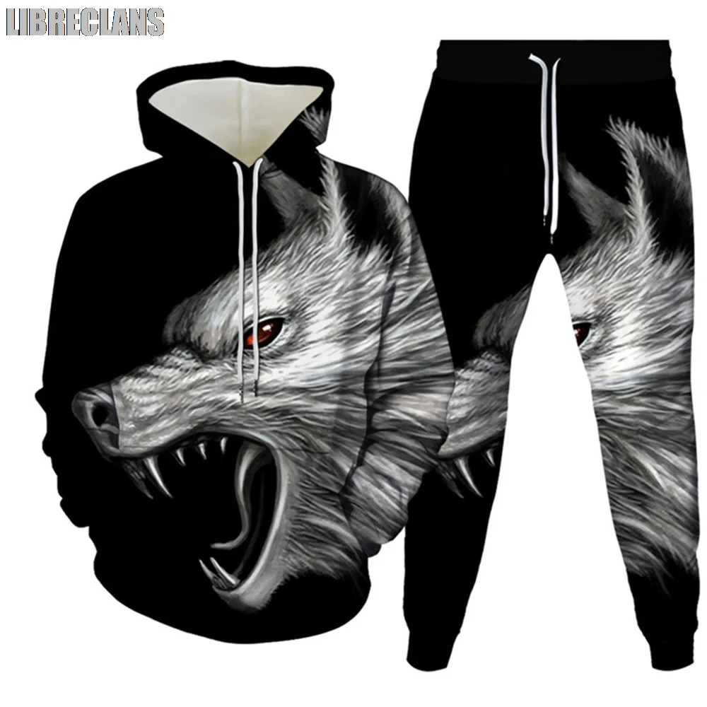 الرجال الذئب الحيوان ثلاثية الأبعاد طباعة رياضية مجموعات عادية هوديي وسراويل 2 قطعة مجموعات المتضخم البلوز موضة الشارع الشهير الرجال الملابس